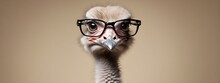 Studio Portrait Of A Ostrich Wearing Glasses On A Simple And Colorful Background. Creative Animal Concept, Ostrich On A Uniform Background For Design And Advertising.