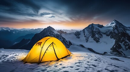 Poster - Illuminated Camping Yellow Tent on snow at Night in High Altitude Alpine Landscape