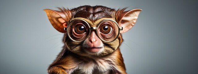 Wall Mural - Studio portrait of a tarsier wearing glasses on a simple and colorful background. Creative animal concept, tarsier on a uniform background for design and advertising.