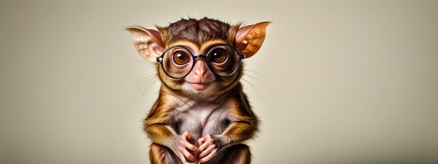 Wall Mural - Studio portrait of a tarsier wearing glasses on a simple and colorful background. Creative animal concept, tarsier on a uniform background for design and advertising.