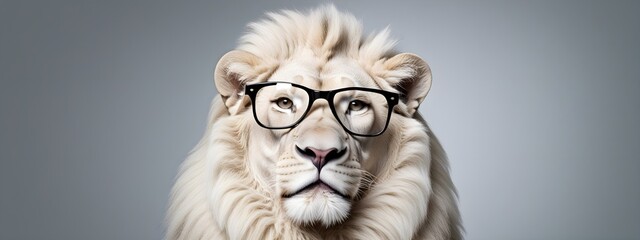 Wall Mural - Studio portrait of a White Lion wearing glasses on a simple and colorful background. Creative animal concept, White Lion on a uniform background for design and advertising.