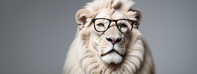 Wall Mural - Studio portrait of a White Lion wearing glasses on a simple and colorful background. Creative animal concept, White Lion on a uniform background for design and advertising.