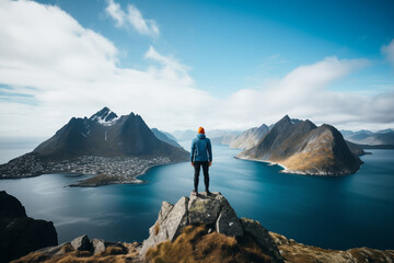 Wall Mural - Shot of young man hiker stands on top of mountain after long difficult hike in Norway daylight