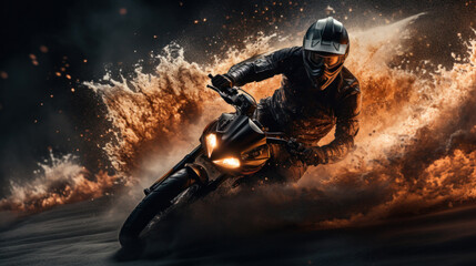 Canvas Print - A man riding a motorcycle through water and fire, AI