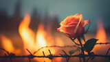 Fototapeta  - rose wrapped in barbed wire fence and the fire burning behind