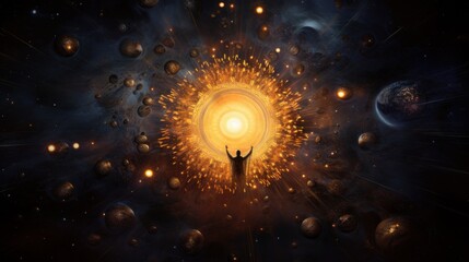 Poster - A man with arms raised in the air surrounded by planets and stars, AI