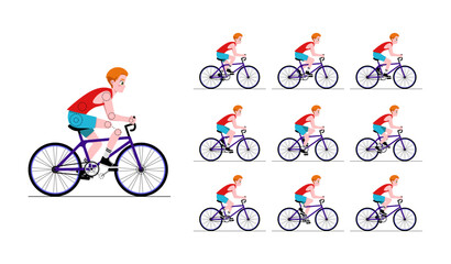 Cycling animation elements. Collection of sprites for animation frame by frame. Teenage boy rides bicycle and pedals. Design for game. Cartoon flat vector illustration set isolated on white background