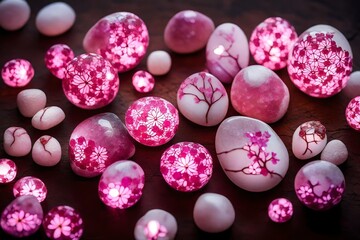  pink and white bioluminescent stones arranged in delicate patterns evoke the beauty of cherry blossoms in bloom, casting a gentle and romantic glow.