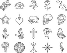 Tattoo Art Rose Vintage Style Icons Set Vector. Flower Retro, Drawing Ink, Old Traditional, American Anchor, Skull Woman Tattoo Art Rose Vintage Style Black Contour Illustrations