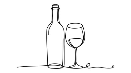 Wall Mural - Wine and glass of wine one line sketch vector illustration on white background