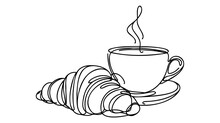 Croissant And Coffee Drawn In One Line Style.
