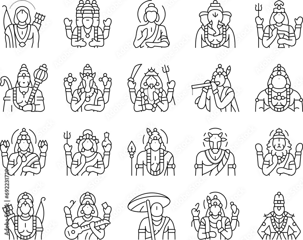 god indian hindu lord krishna icons set vector. india vishnu, hinduism ...