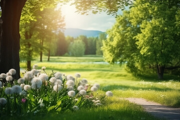 Wall Mural - Spring Nature scene. Beautiful Landscape. Park with dandelions, Green Grass, Trees and flowers