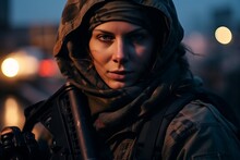Portrait Of A Beautiful Woman With A Machine Gun At Night.