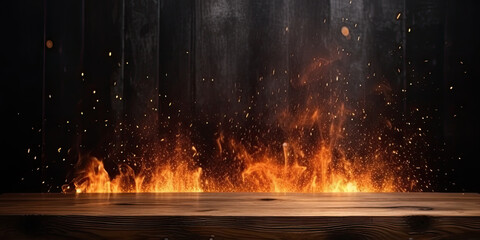 Poster - fire flames on a dark background for display products  barbecue