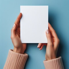 Top view, close-up of young female hands holding a blank, empty, white card for text, message, logo, advertising. Mock-up, montage concept