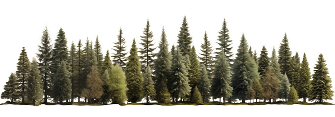 Green evergreen fir pine spruce trees treeline isolated on transparent background. Generative AI