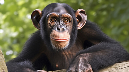 Wall Mural - Young Chimpanzee, Simia troglodytes, 5 years old, sitting in front of white background generative ai