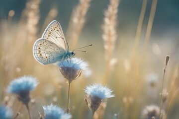 Wall Mural - Gentle light butterfly on fluffy wild flowering grass in nature in soft blue yellow pastel colors