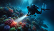 un homme utilisant une lampe de plongée sous le niveau de la surface de la mer