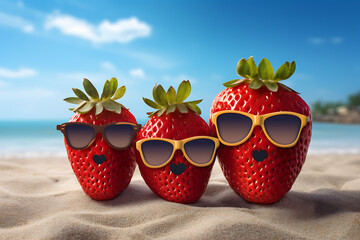 Wall Mural - family of funny strawberry with sunglasses isolated on beach background