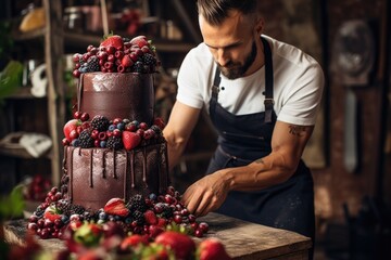 Wall Mural - Exquisite Elegance: Wedding Cake Design with Intricate Details, Rich Chocolate, and Luscious Red Fruits Layered in Sweet Harmony with the Skills of Confectioner.