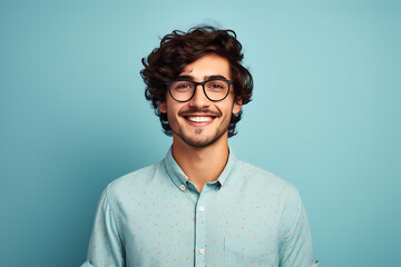 portrait of a confident young spanish man wearing glasses and a shirt isolated on pastel light blue background