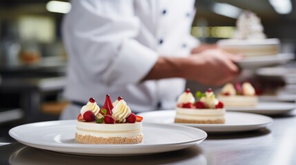 Wall Mural - Celebration Elegance: Close-Up of Chef in Commercial Kitchen Artfully Preparing Tiny Birthday Cake with Red Fruits, A Cheesecake Extravaganza for a Meal That Balances Freshness and Flavor.

