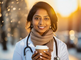 Poster - Latin  doctor taking a coffee work break, drink cup of coffee outside the hospital under snowfall. Smiling  face expression closeup.