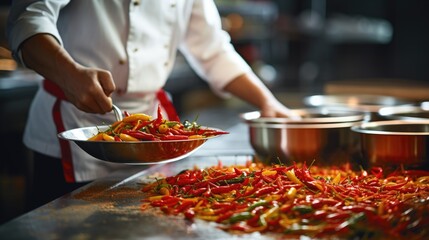Wall Mural - A Symphony of Spice: Chef's Colorful Creations in a Bowl, Packed with Vibrant Chillies, Showcasing Professional Culinary Artistry at Its Finest.