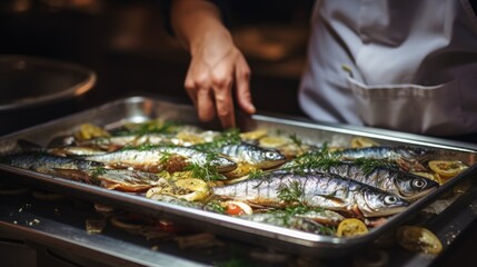 Wall Mural - Culinary Excellence: Chef in a Professional Kitchen Prepares Fresh Horse Mackerel with Lemon and Thyme, Showcasing Gourmet Cooking Techniques.