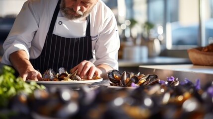 Poster - Savoring the Sea: Chef Preparing Fresh Mussels in a Commercial Kitchen, Crafting Culinary Delights with the Finest Seafood Ingredients.