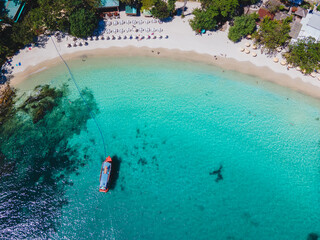 Wall Mural - Koh Samet Island Thailand, aerial drone view from above at the Samed Island in Thailand with a turqouse colored ocean and a white tropical beach on a sunny day