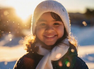 Poster - Portrait of smiling native american child on the snow wearing wool hat, enjoy winter holiday concept. Face closeup.