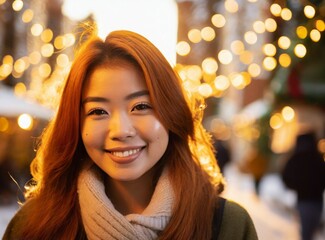 Canvas Print - Redhead beautiful Asian model, cheerful young woman smiling on the cold street, covered by snow on Christmas, happy face expression closeup. Lights and decoration on the background.