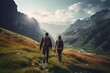 Photo of a young couple hiking in a breathtaking mountain landscape. Generative AI