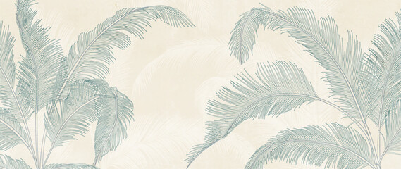 Abstract luxury light art background with blue or green tropical leaves in line style. Botanical banner with exotic plants for decoration, print, wallpaper, textile, interior