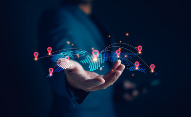 Aufkleber - Global network concept, Businessman holding virtual world map with location icon and connection line for business technology smart data, worldwide, connect, community.