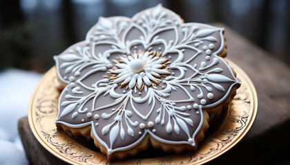 Canvas Print - Homemade chocolate snowflake cookie on elegant wood table generated by AI