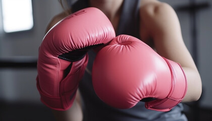 Canvas Print - Young adult female athlete practicing kickboxing with determination indoors generative AI