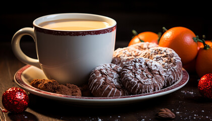 Sticker - Homemade chocolate chip cookie on rustic wooden table generated by AI