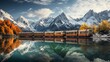 Scenic Mountain Train Ride. Breathtaking landscape with a cinematic touch. Frame scene of majestic mountains and serene lake.Concept of compelling visual story and harmonious blend of natural elements