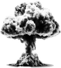 Atomic bomb explosion in halftone dots texture, isolated black and white vector design element