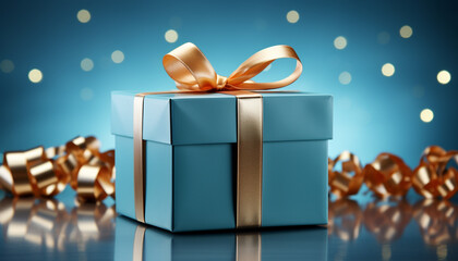 Poster - A shiny gold gift box wrapped in blue wrapping paper generated by AI