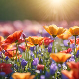 Fototapeta Kwiaty - flower field in sunlight spring or summer garden background