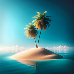 A highly detailed and exquisite depiction of a small, sandy island with only two palm trees, under a clear sky.