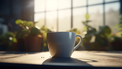 Sticker - A fresh coffee cup on a wooden table by the window generated by AI