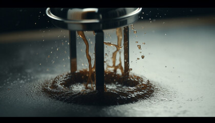 Poster - Metallic machinery spinning, cutting, splashing liquid in steel factory workshop generated by AI