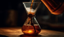 Old Fashioned Whiskey Flask On Antique Table, Sand Timer Counting Down Generated By AI