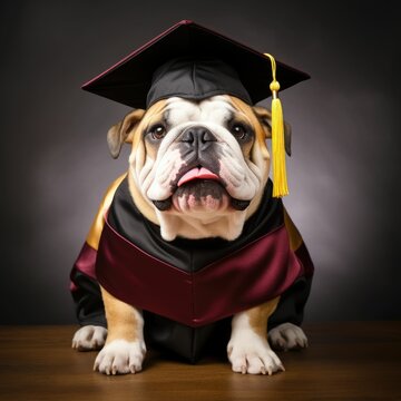 Graduate Paws: Bulldog Masters the Ceremony A brown and white bulldog wearing a black graduation cap with a red tassel, posed against a dark background
